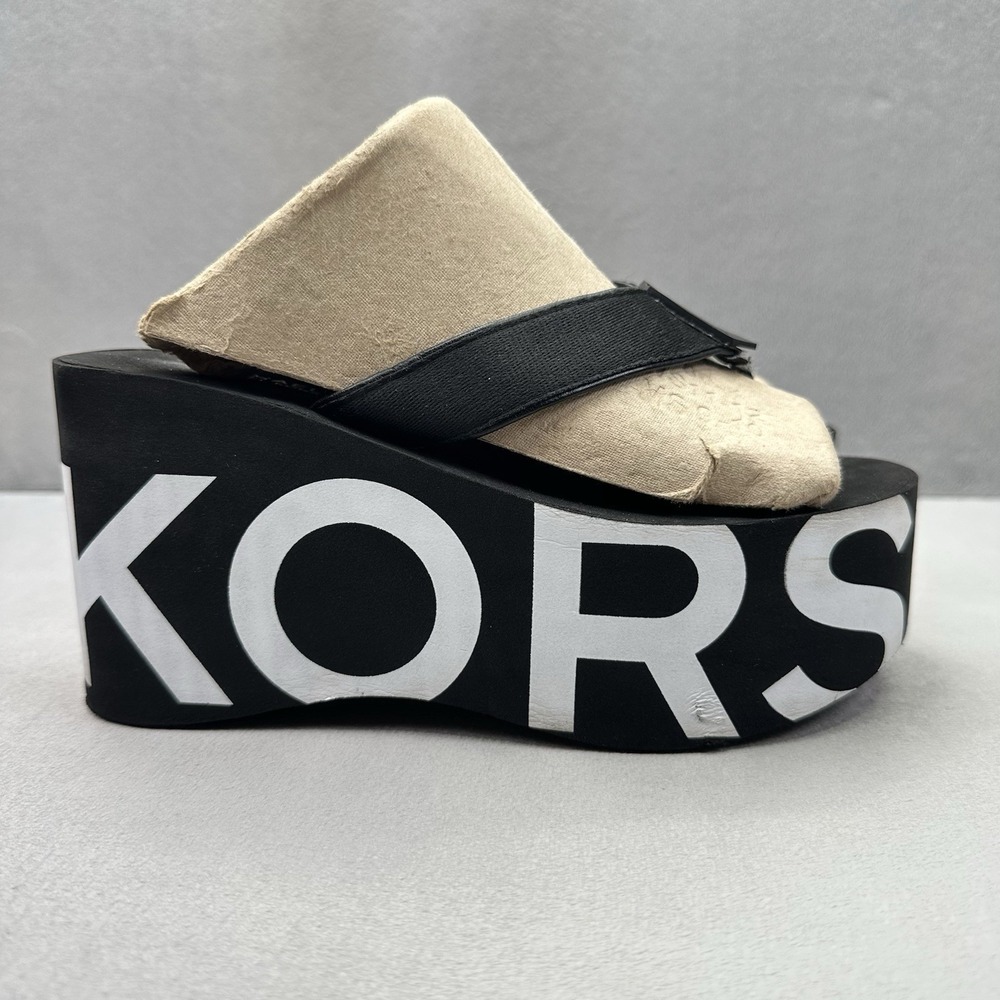 Michael Kors Benny Womens Size 6 Flip Flops Platform Black White Wedge MK‎ Logo